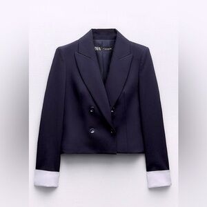 ZARA CONTRASTING CUFF BLAZER NAVY BLUE LOOKS BLACK XS NWT CROPPED❣️
